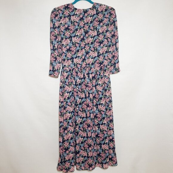 Vintage Dresses & Skirts - Vintage Navy Floral Midi Dress with Pink Blossoms